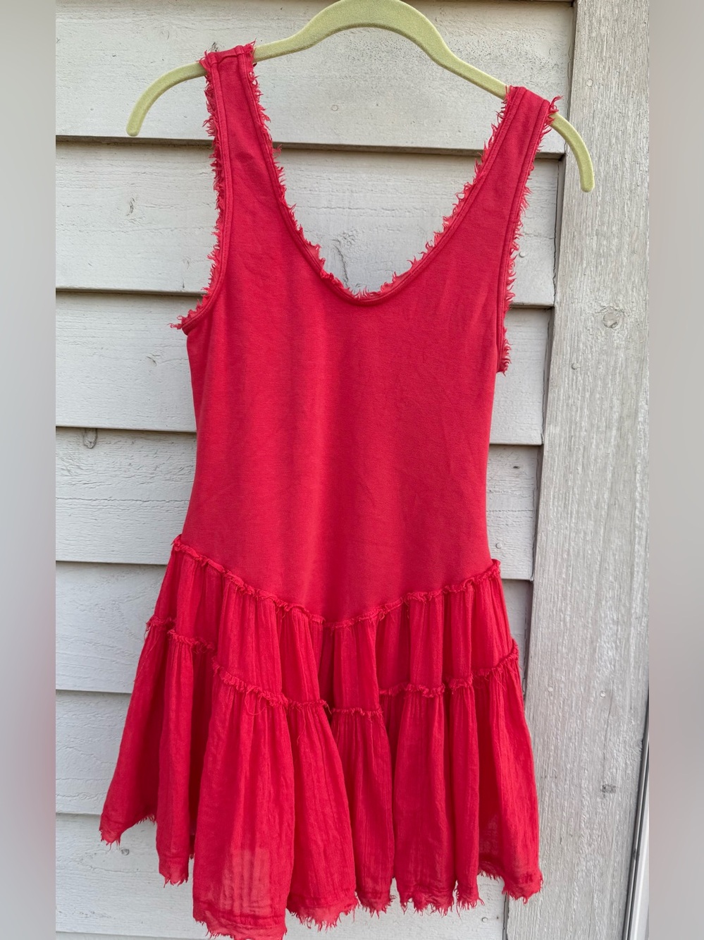 Free People Coral Red Frayed Tiered Dress